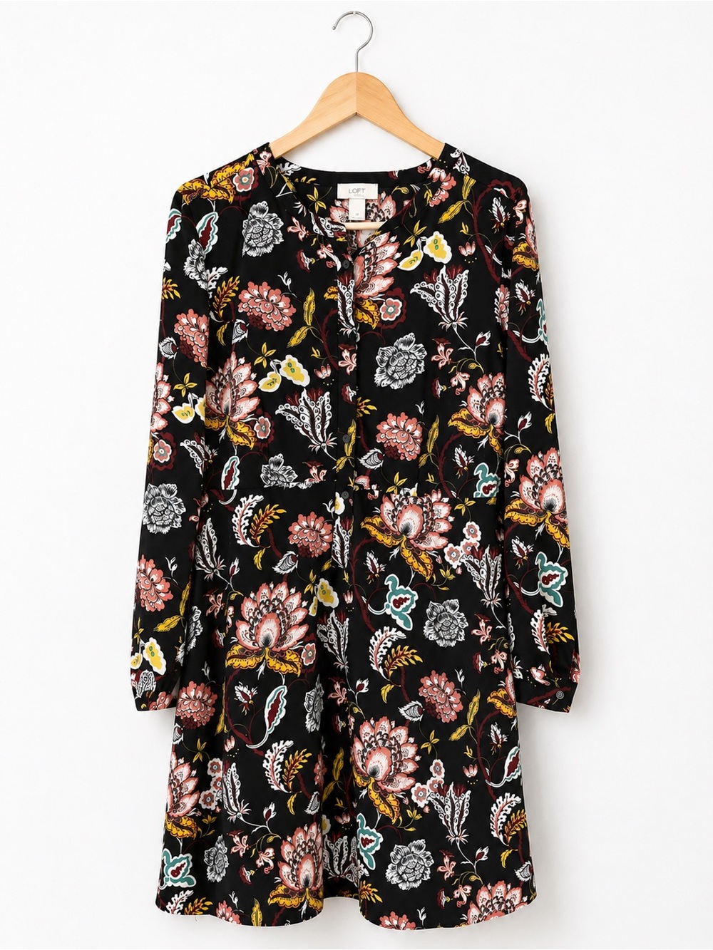 LOFT Floral Long Sleeve Fit & Flare Dress Black Size 12